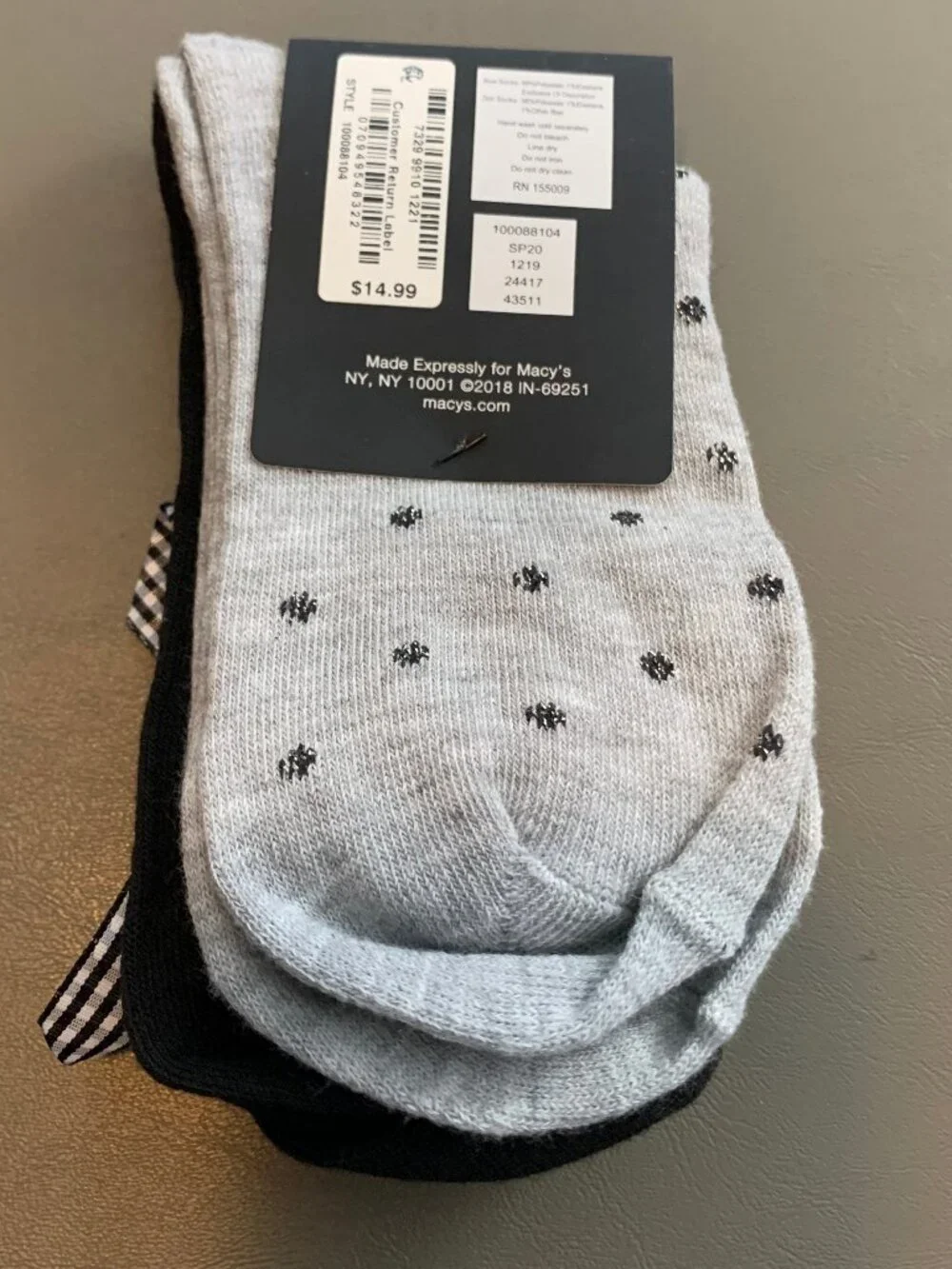 INC Women's 2-Pair Plaid Bow and Dot-Print Anklet Socks, Black Gray, One Size
